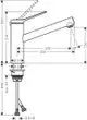 Hansgrohe Spültischmischer mit einem schwenkbaren Auslauf und klaren geometrischen Linien. Abmessungen und Anschlussmöglichkeiten sind im Diagramm dargestellt.